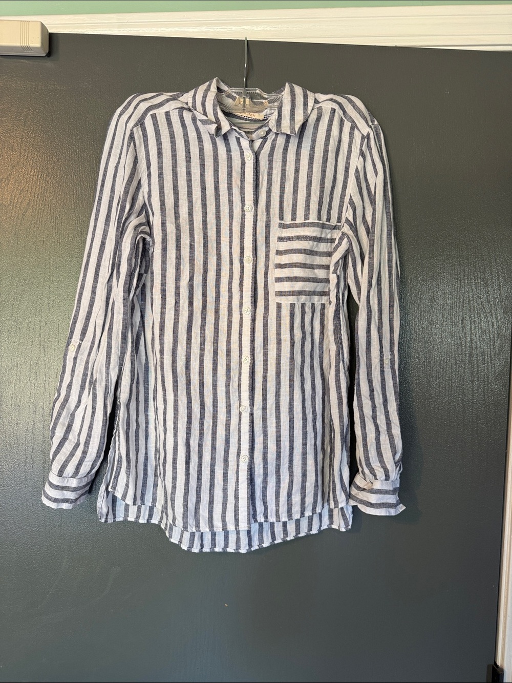 F&F Women's Long Sleeve Button-Down Shirt in White and Navy Stripes